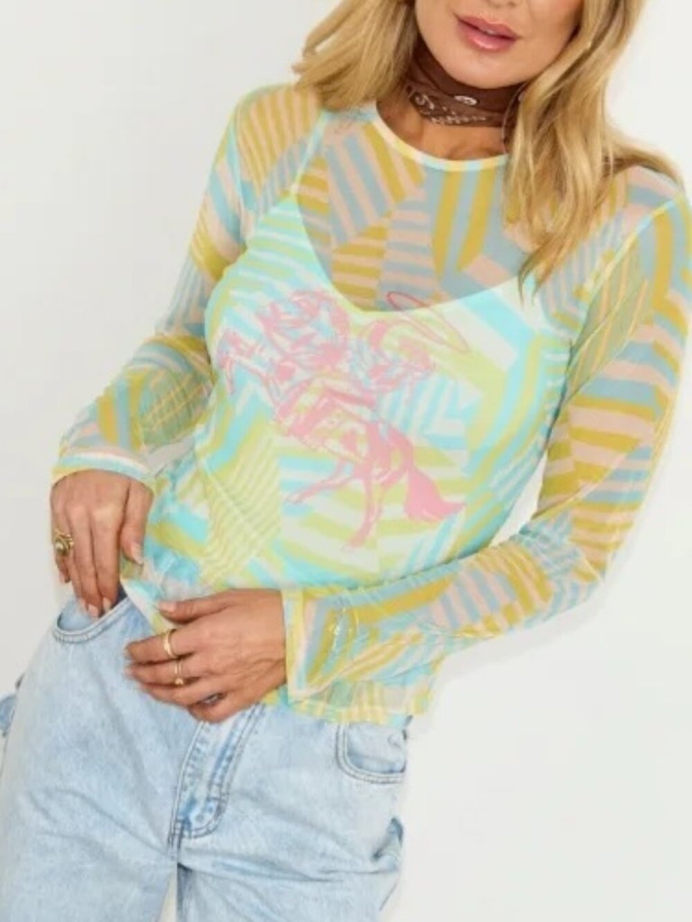 Never Fully Dressed Mesh Western Abstract Long Sleeve Top 6 Blue Yellow Cowgirl
